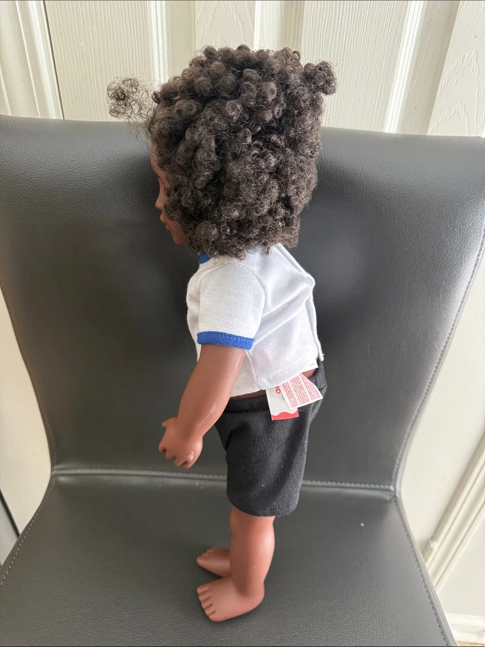 Classic Girls' Doll with Curly Hair - Black Skin, White & Blue Outfit
